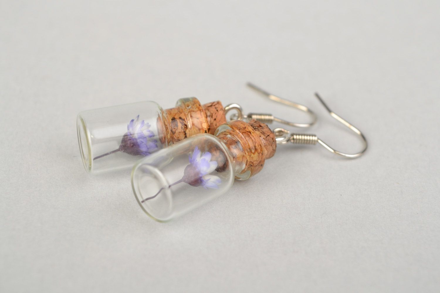 Cute handmade small glass bottle dangle earrings with dried flowers for women photo 4