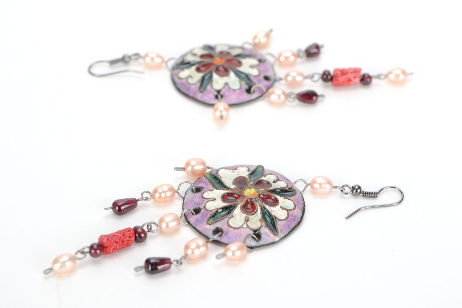 Copper earrings with garnet and coral  photo 3