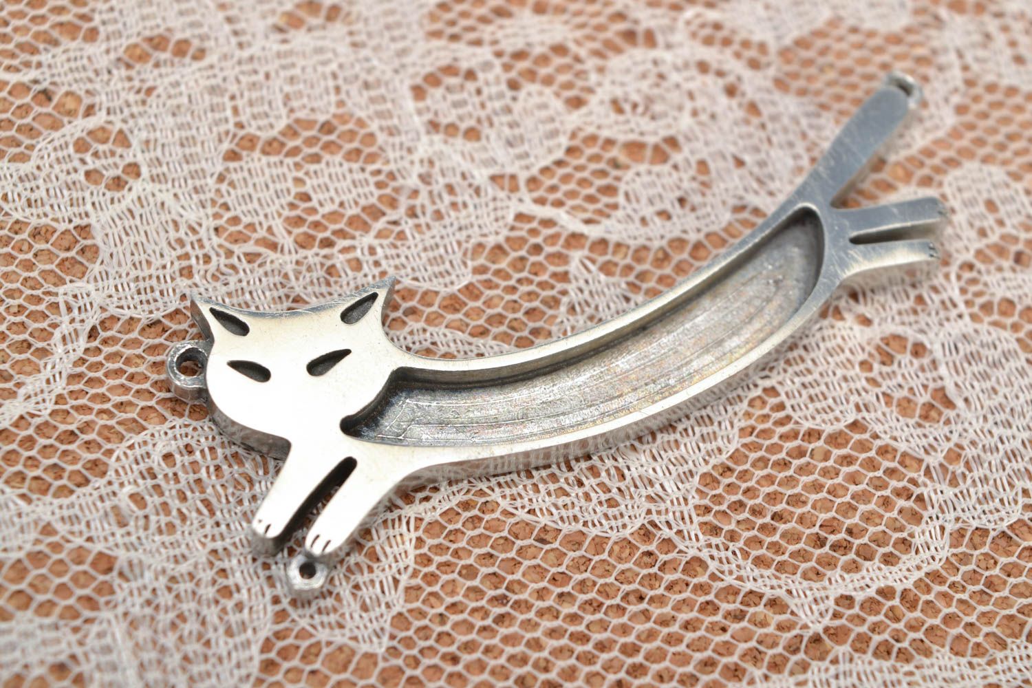 Unusual design handmade metal blank pendant in the shape of cat photo 1