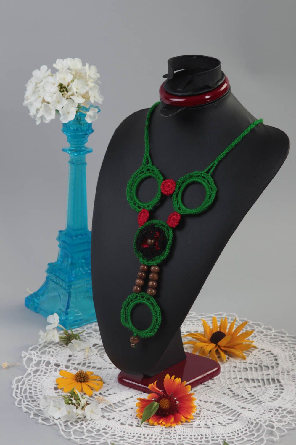 Handmade Modeschmuck Collier Häkel Accessoire lange Halskette groß grün foto 1