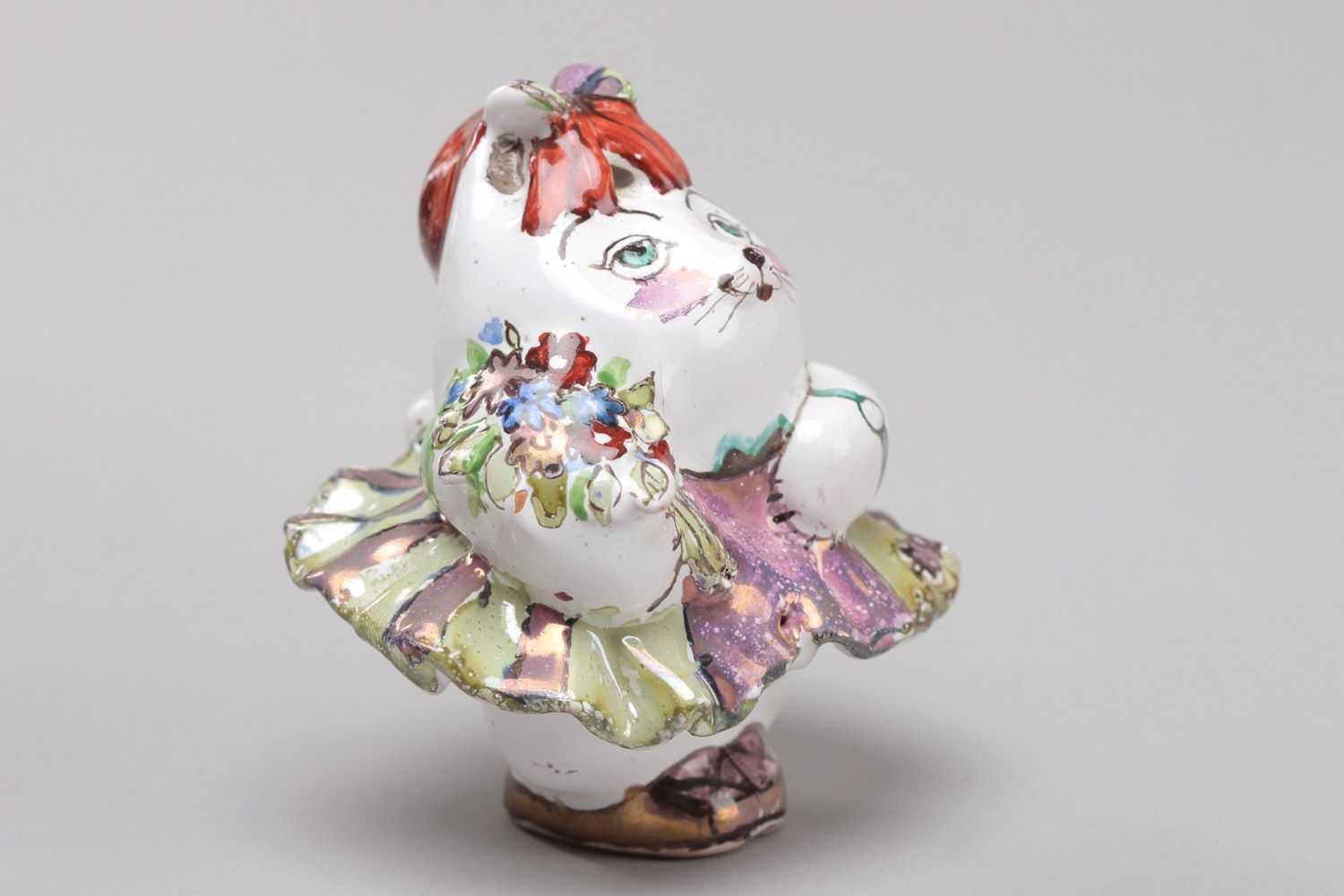 Decorative handmade ceramic statuette of cat painted and enameled photo 2