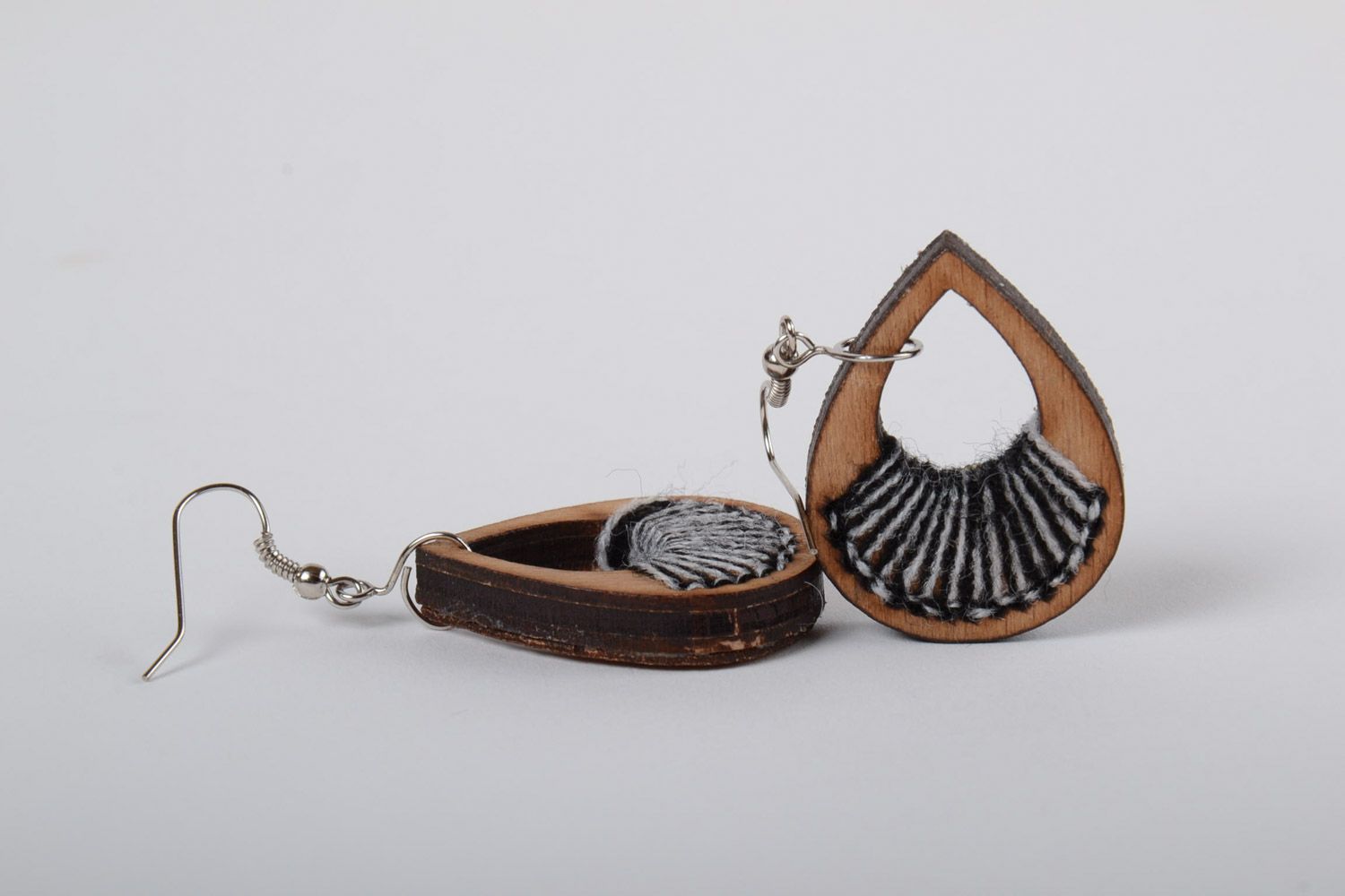 Handmade plywood teardrop-shaped earrings with embroidery in eco style photo 4