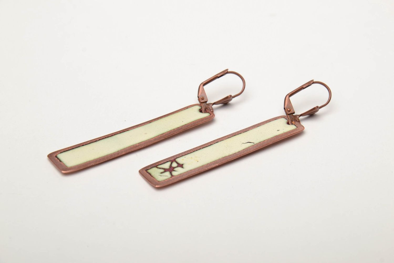 Long rectangular copper earrings with ornament made with enamels photo 5