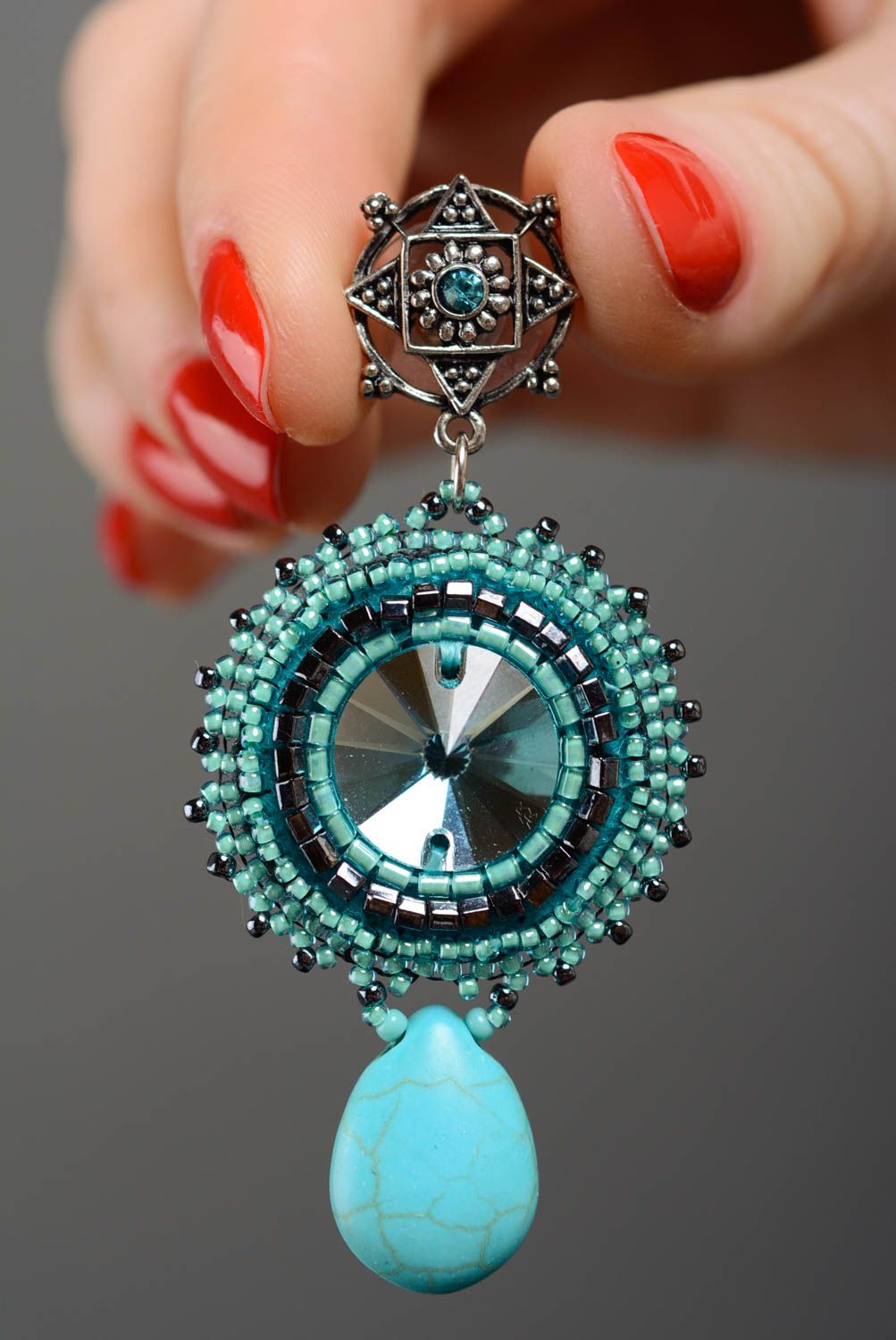 Beautiful handmade designer beaded earrings with natural stones and rhinestone photo 4