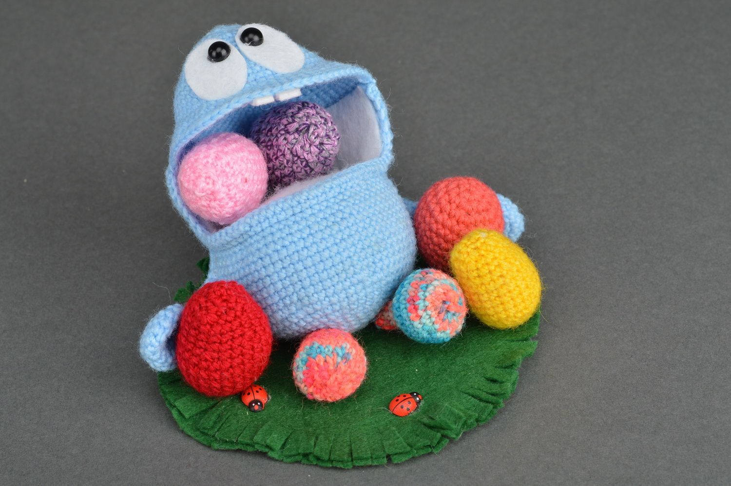 Handmade small crocheted soft toy blue funny creature for kids over 3 years old photo 2
