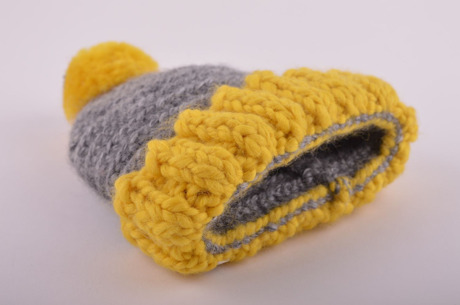 Bonnet tricot fait main Chapeau chaud gris jaune laine acrylique Vêtement femme photo 3