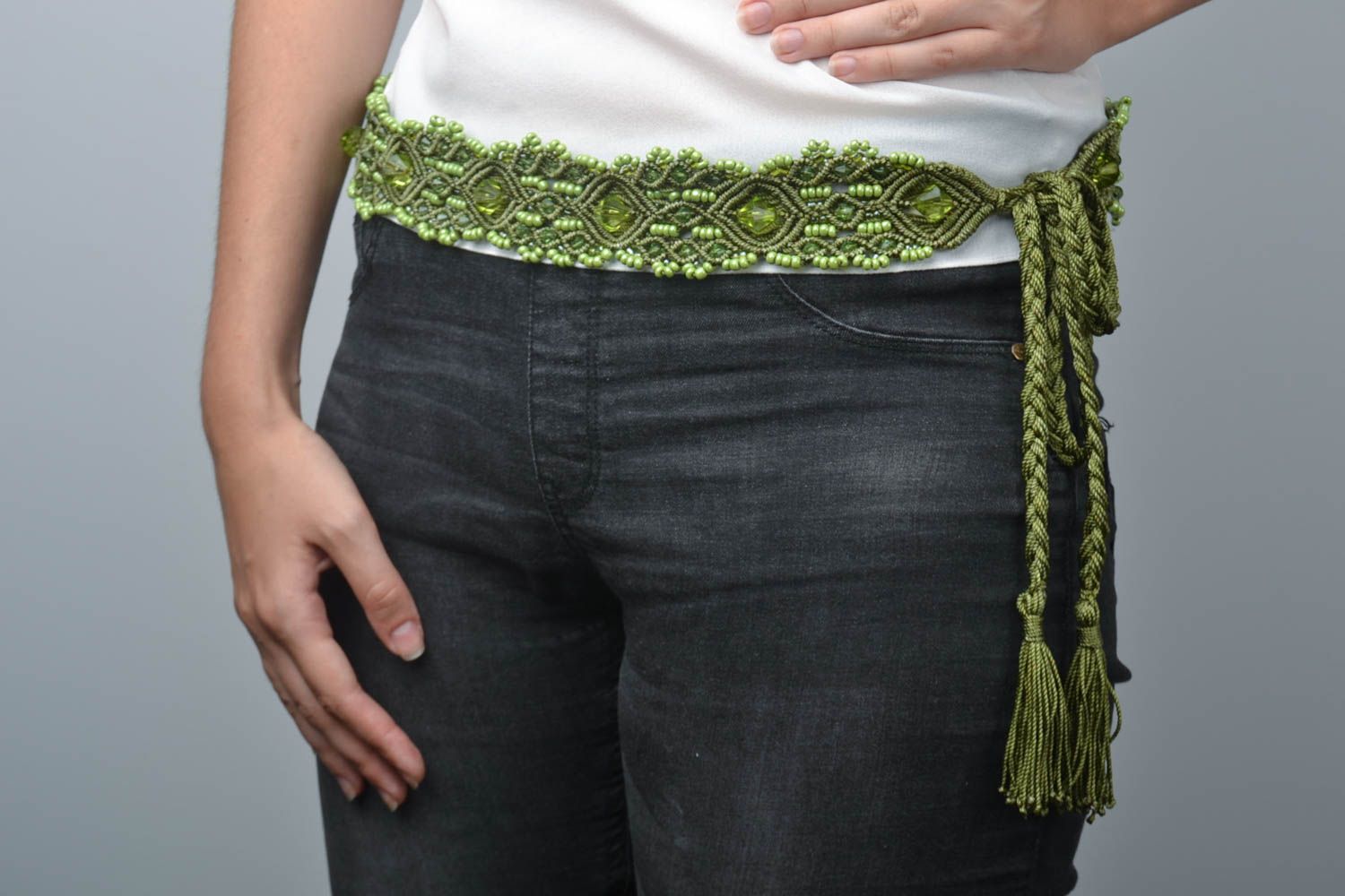 Пояс ручной работы женский ремень с бисером плетеный пояс для талии зеленый фото 1