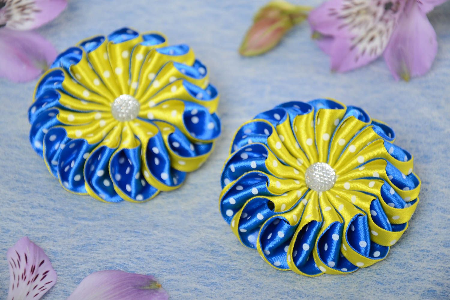 Set of handmade decorative hair ties with volume blue yellow kanzashi flowers photo 1