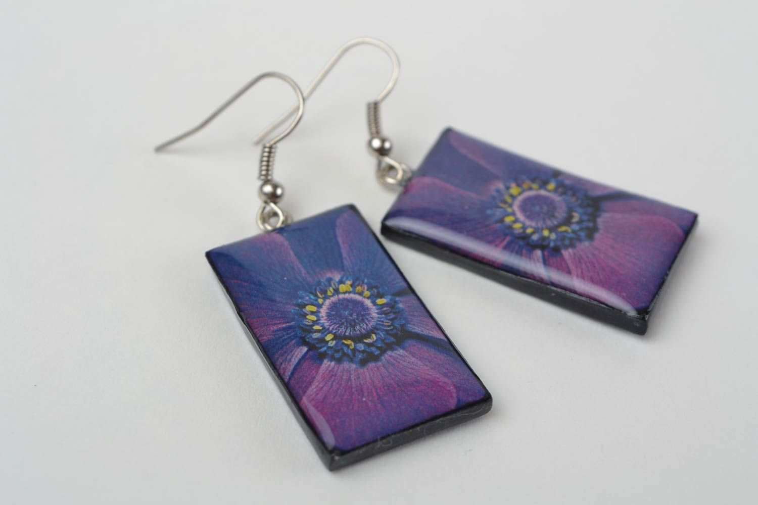 Beautiful handmade rectangular violet plastic earrings with decoupage photo 4