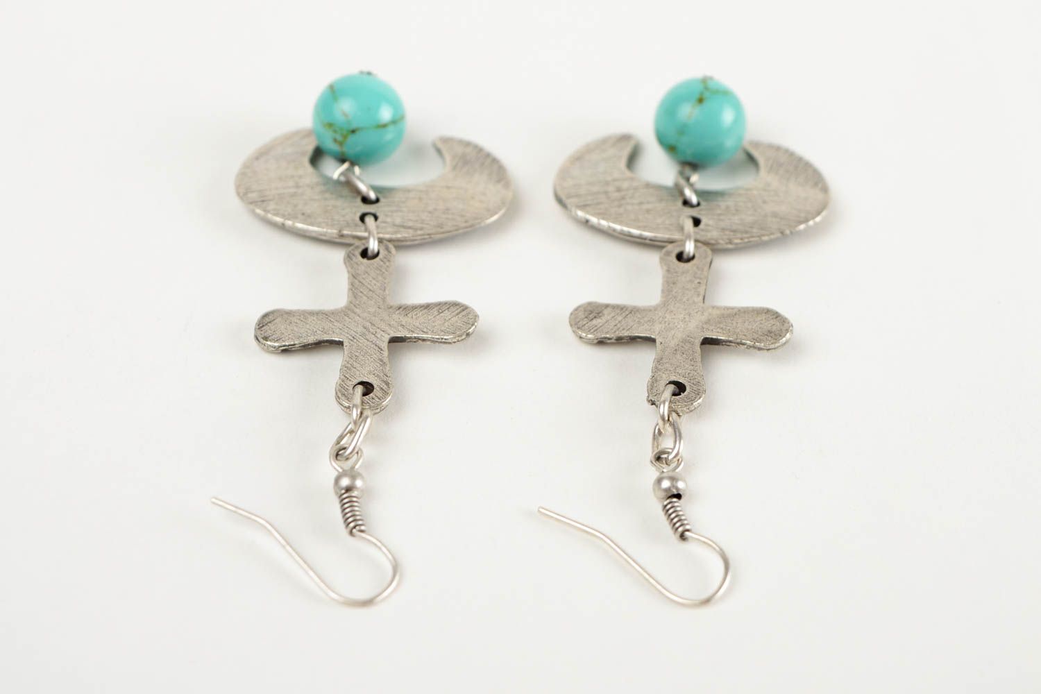 Long handcrafted earrings designer turquoise metal accessories women gift idea photo 5
