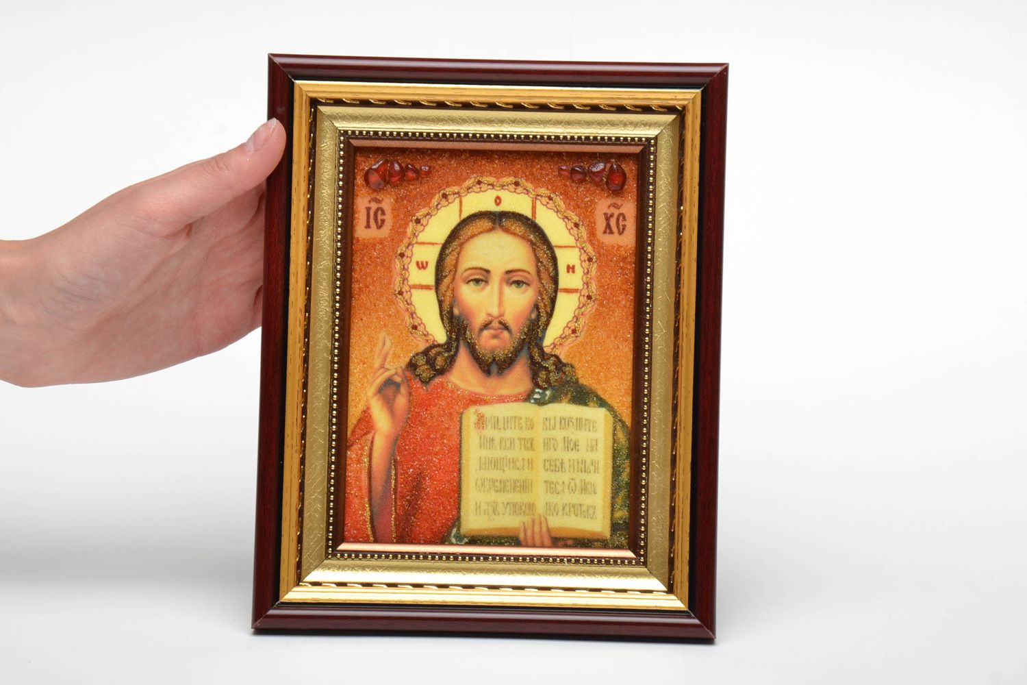 Amber decorated Orthodox icon of Jesus Christ photo 7