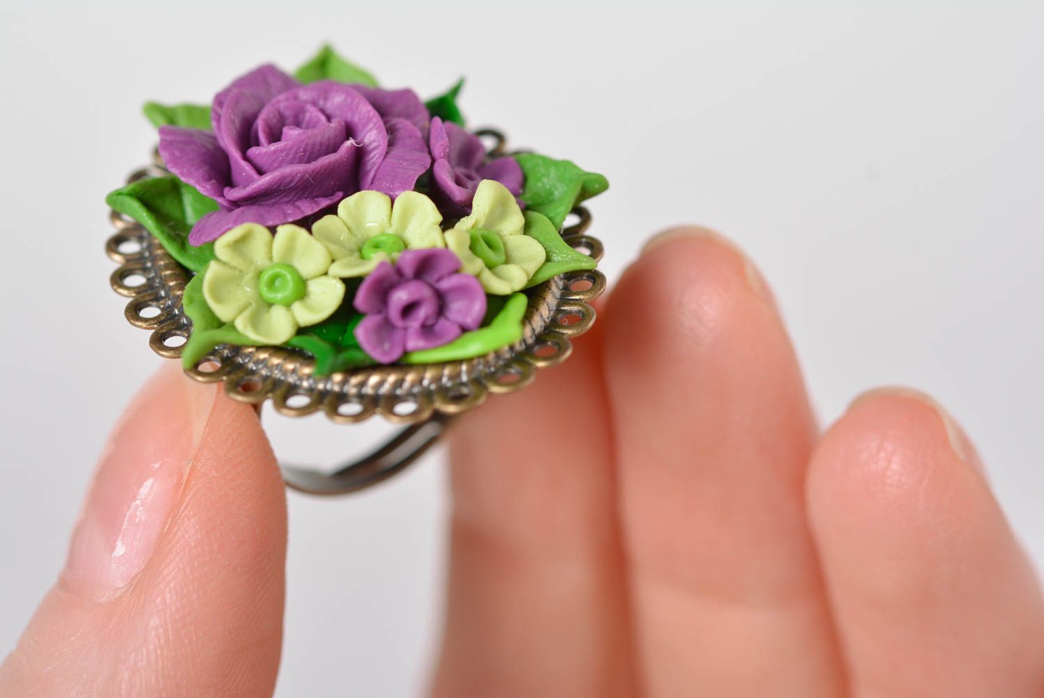 Кольцо ручной работы украшение из холодного фарфора цветочное модное кольцо фото 2