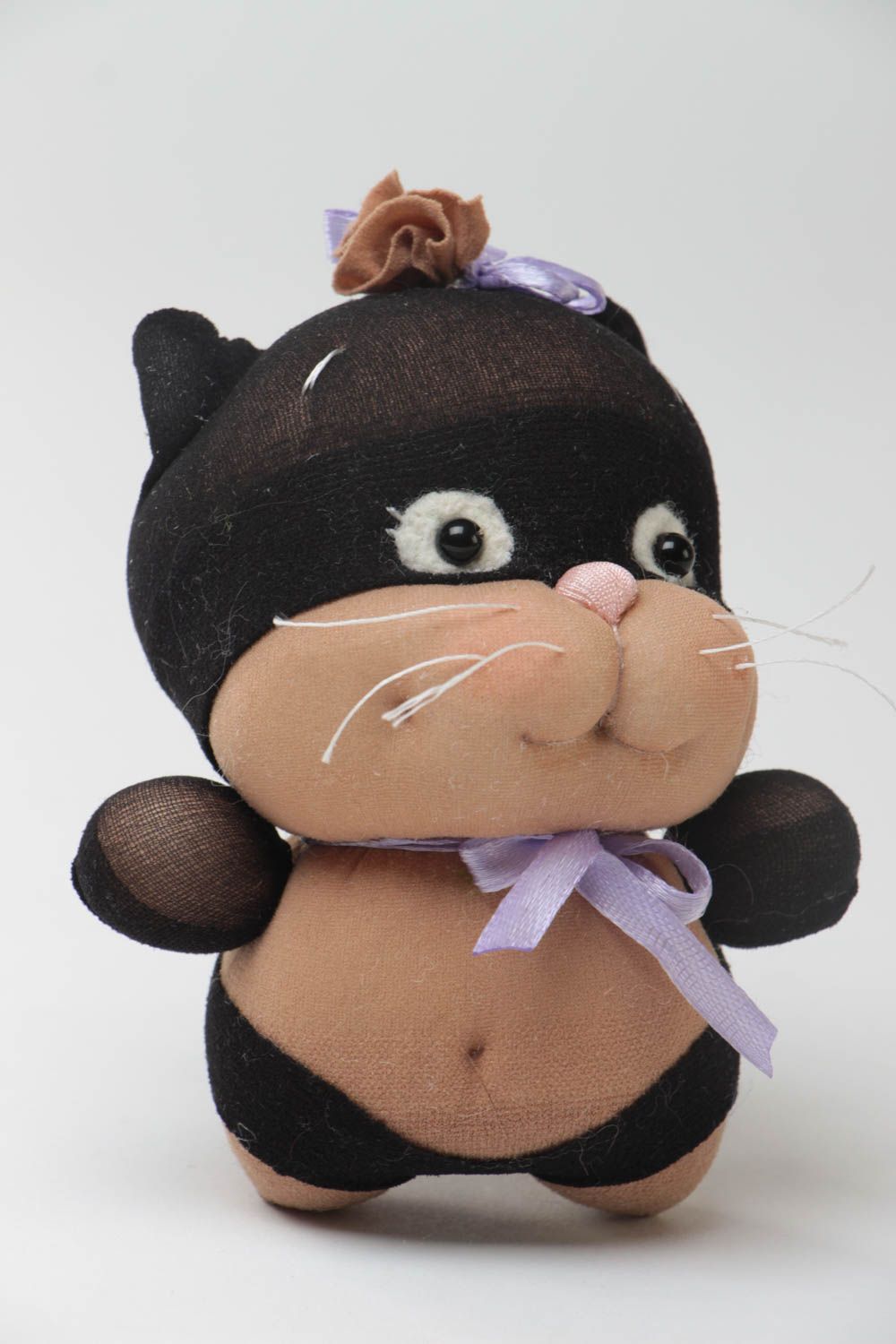 Handmade small designer nylon soft toy in the shape of fat black kitten photo 2