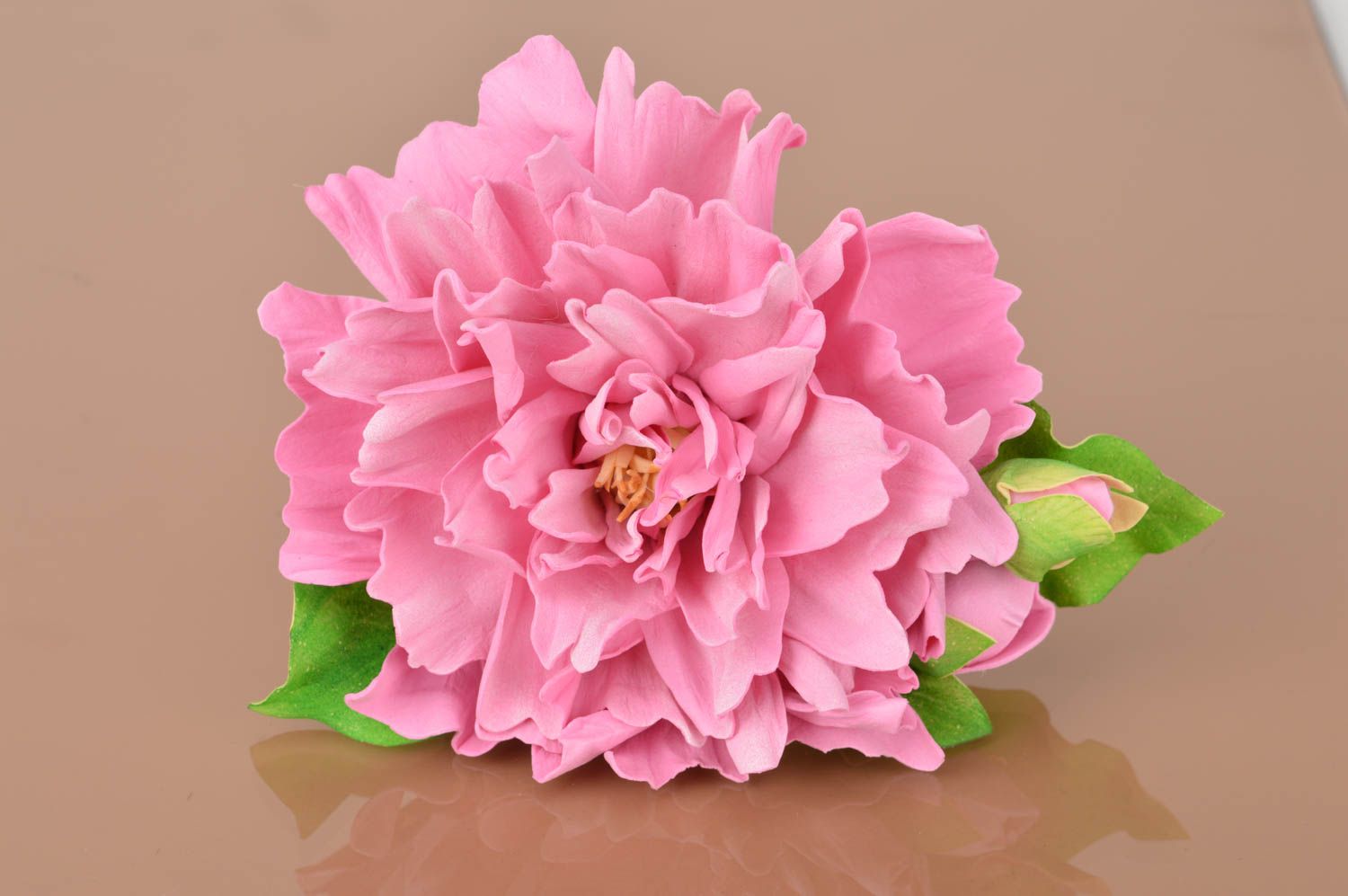 Volume beautiful brooch hai clip in the form of pink peony handmade accessory photo 2
