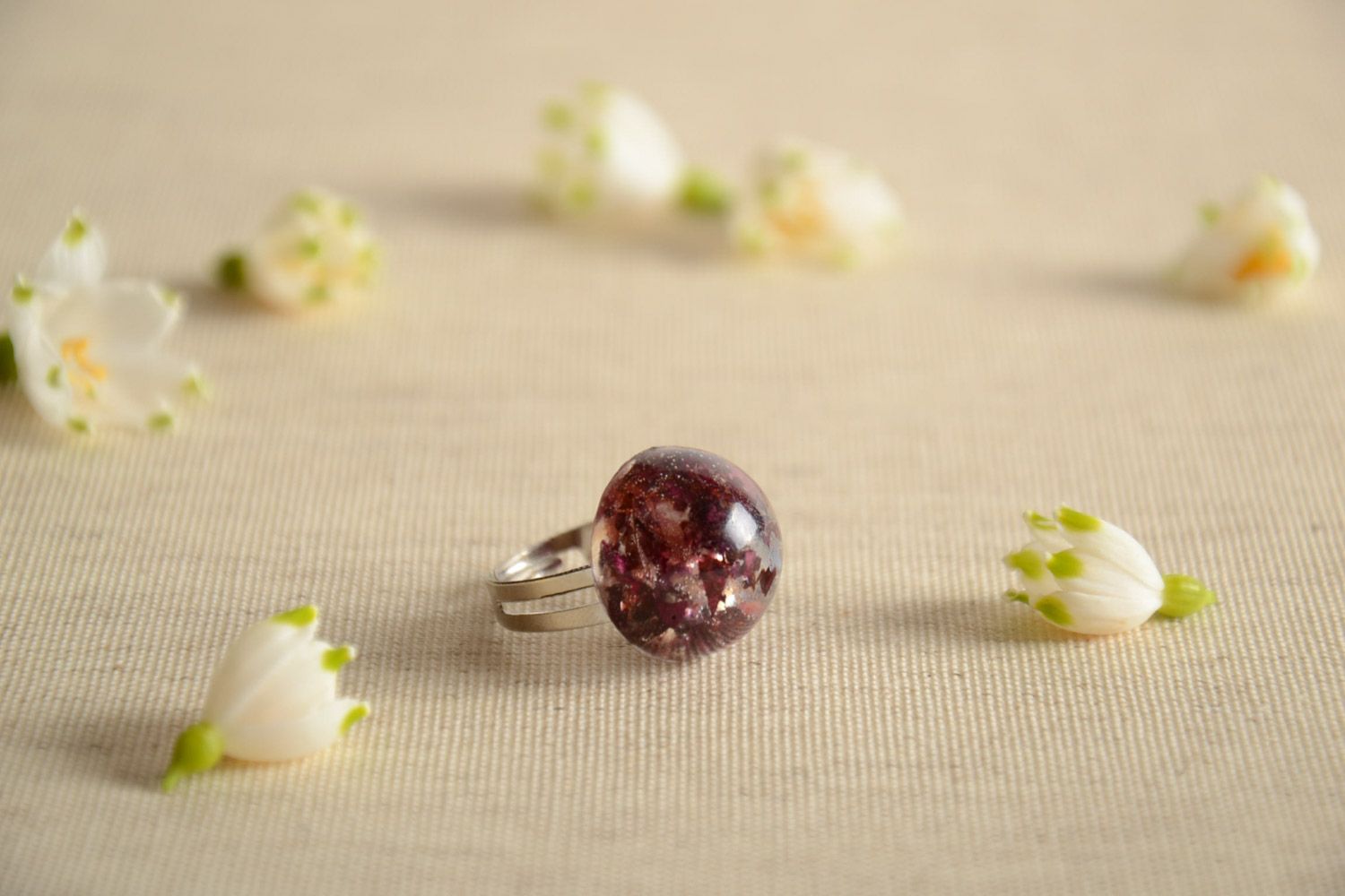 Tender round handmade ring with natural flowers in epoxy resin for romantic girls photo 1
