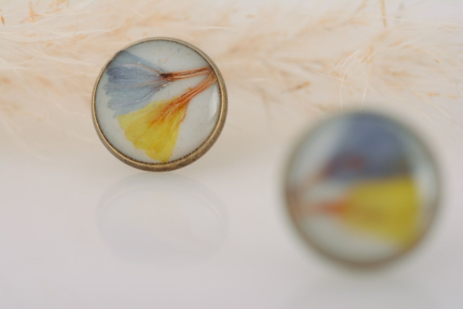 Handmade yellow and blue women's stud earrings with dried flower petals coated with epoxy  photo 3