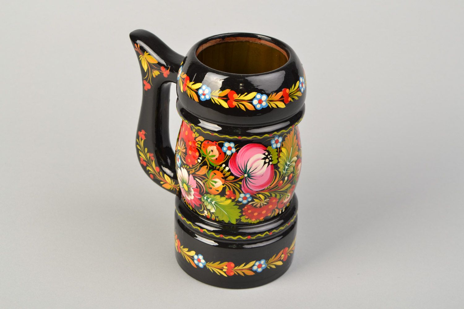Handmade black wooden beer mug with glass inside and Petrikov painting photo 5