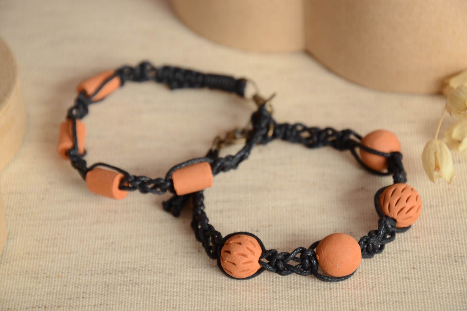 Set of 2 handmade ceramic bracelets accessories for girls woven bracelets photo 2