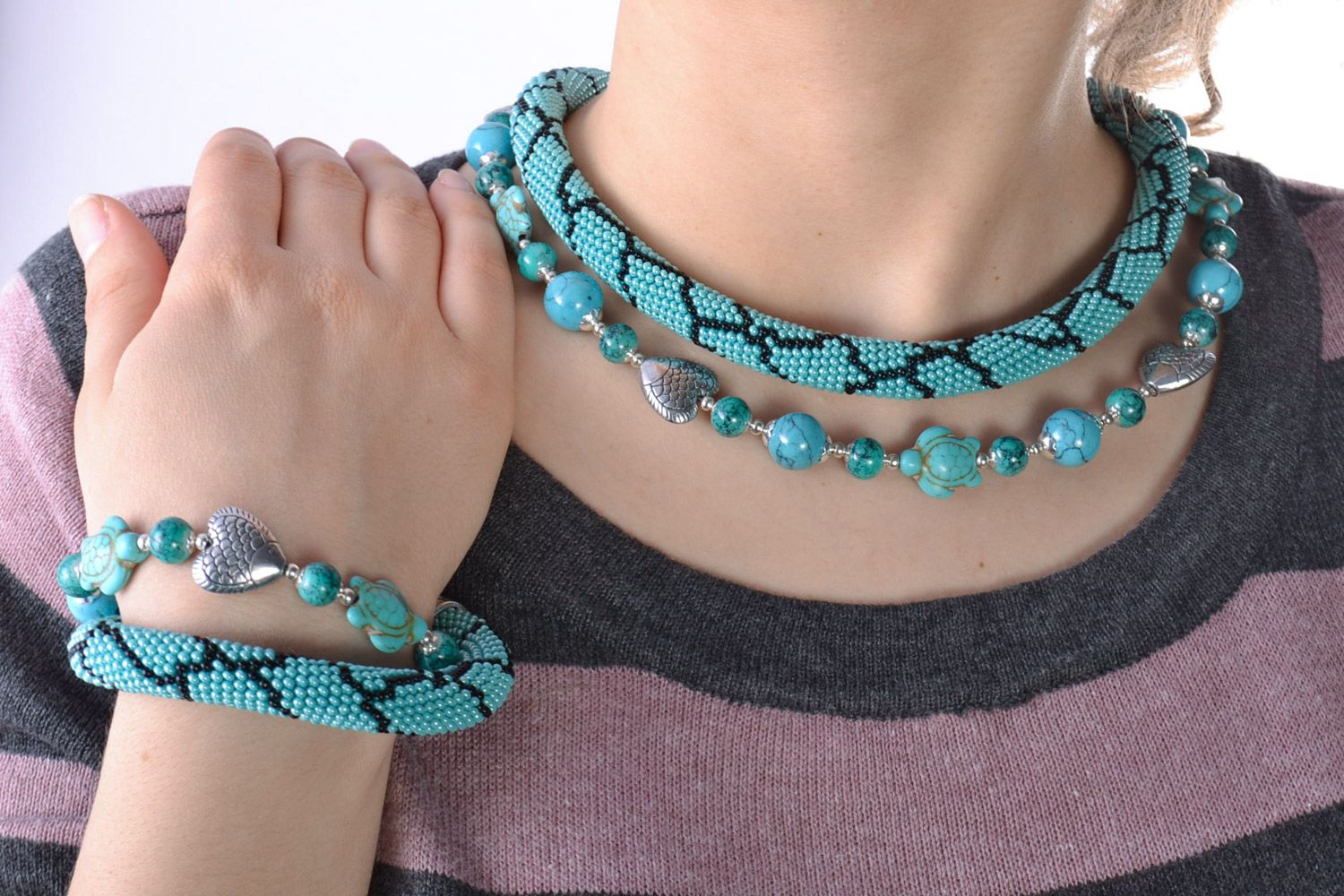 Handmade beaded jewelry set with natural turquoise stone 2 items beaded cord necklace and bracelet photo 1