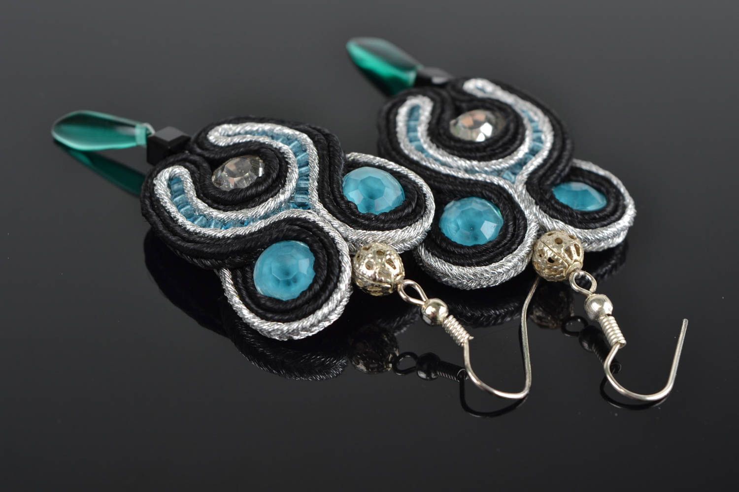 Unusual beautiful handmade designer soutache earrings with Czech crystal beads photo 1