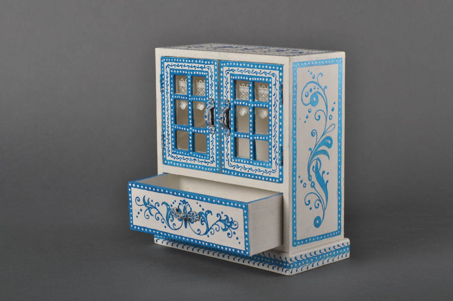 Commode miniature fait main Coffret à bijoux en bois bleu blanc Cadeau femme photo 4
