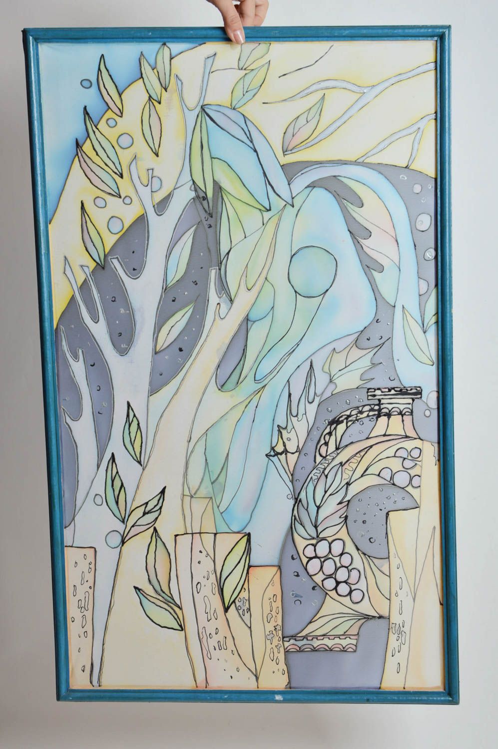 Handgemachtes abstraktes Batik Wandbild aus Naturstoff in blauen Farben  foto 3