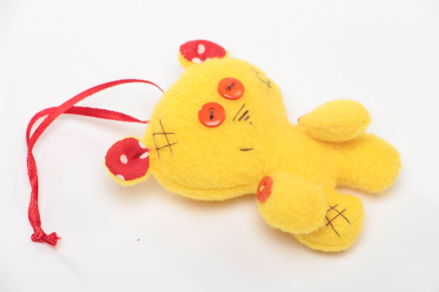 Handmade tiny soft toy sewn of fleece and cotton yellow bear with eyelet photo 2