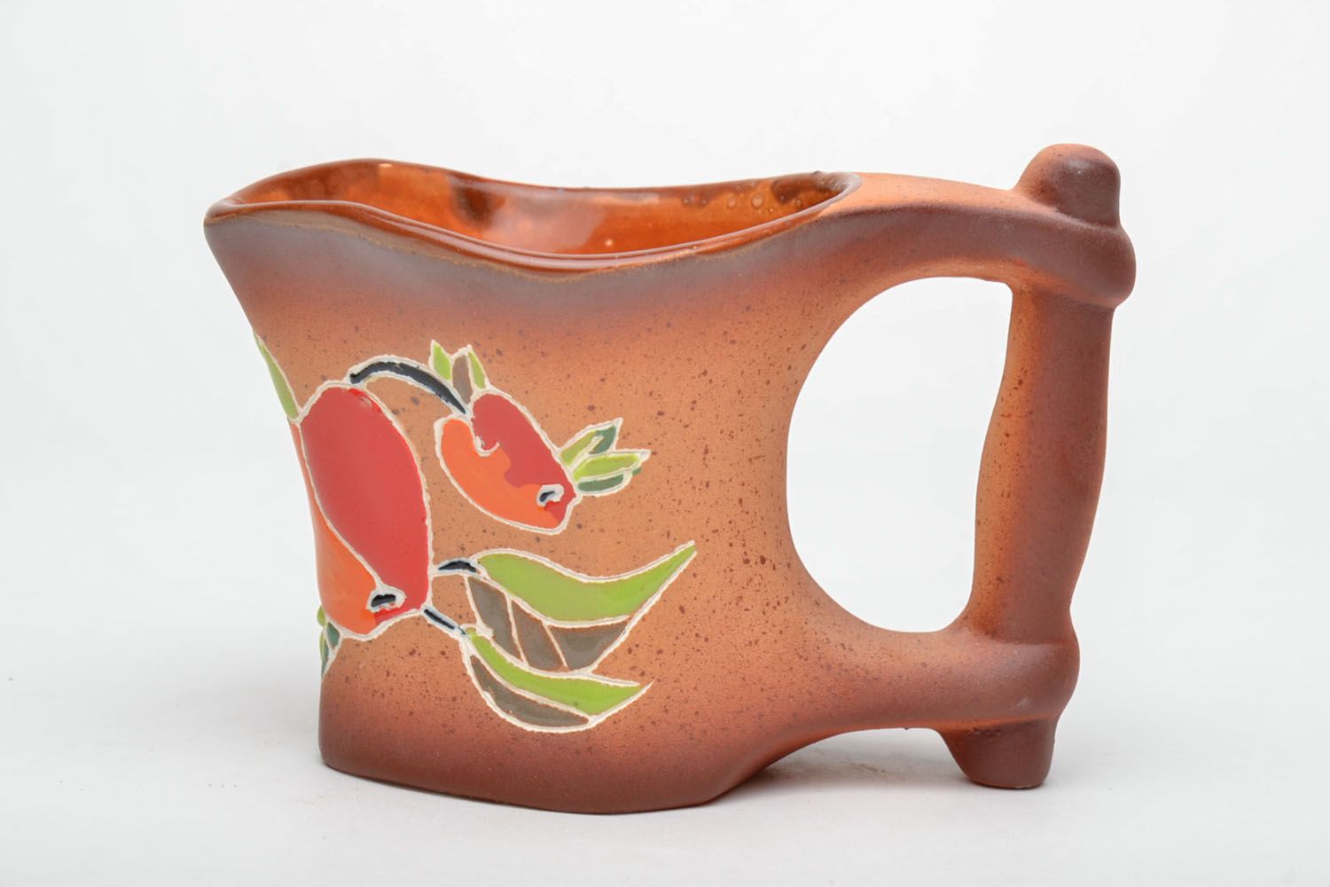 Clay glazed ceramic handmade coffee mug with handle and apple pattern 0,63 lb photo 2