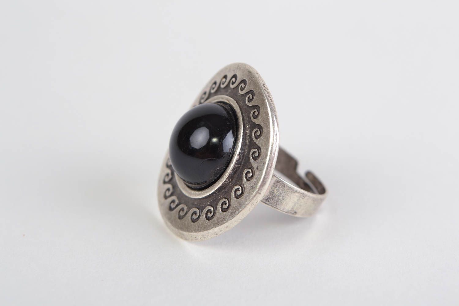 Handmade jewelry ring cast of hypoallergenic metal with black Czech glass bead photo 1