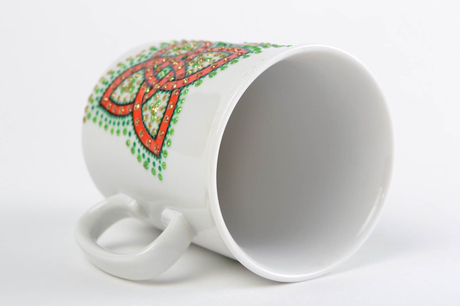 White and green ceramic tea cup with handle and acrylic dot painting Triquetra photo 5