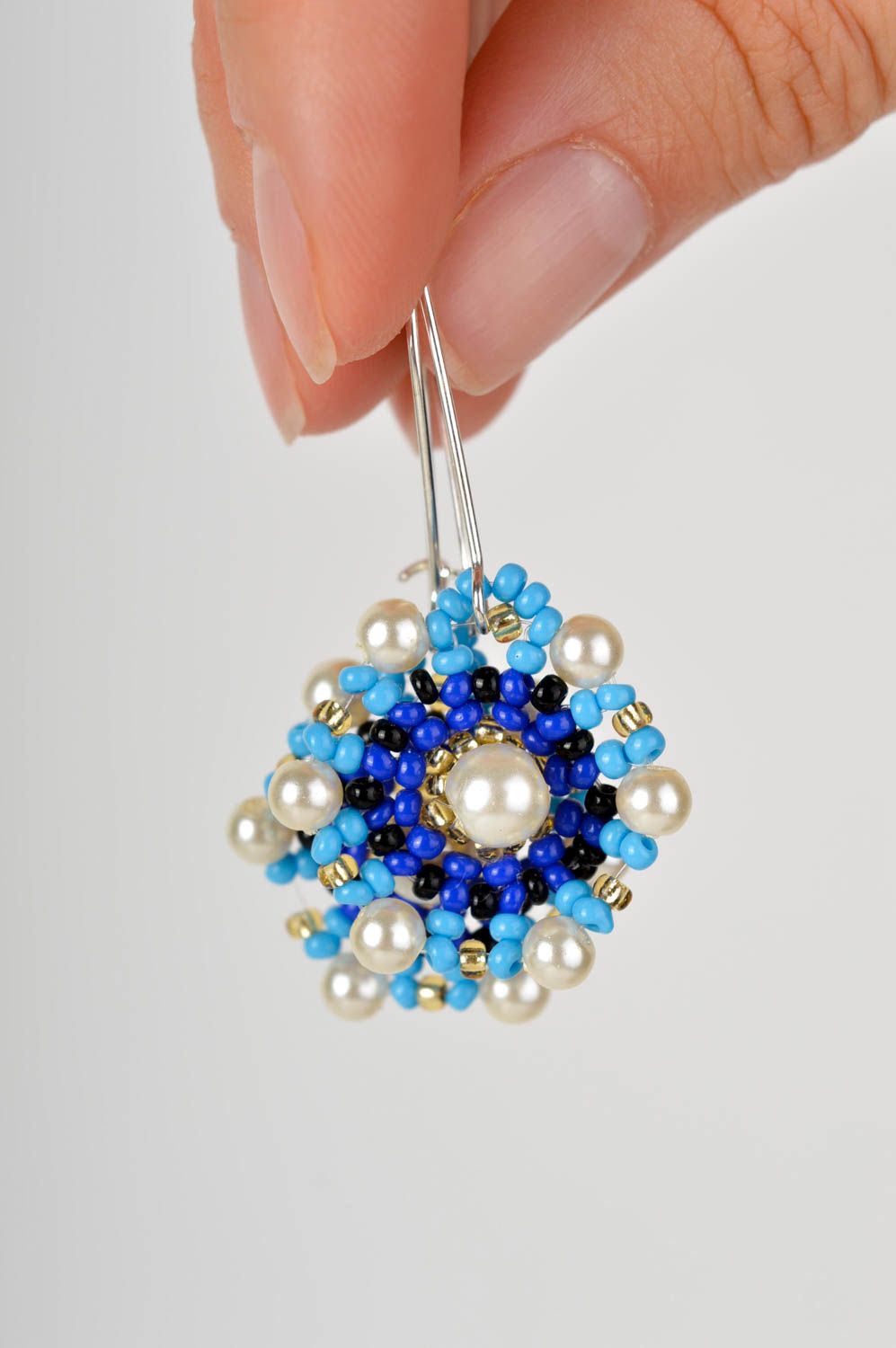 Handmade long beaded earrings stylish blue earrings designer bright jewelry photo 5