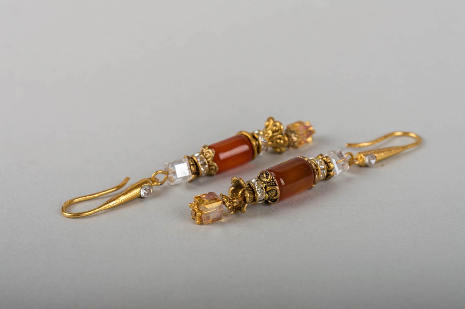 Beautiful stylish handmade designer long brass earrings with agate beads photo 5