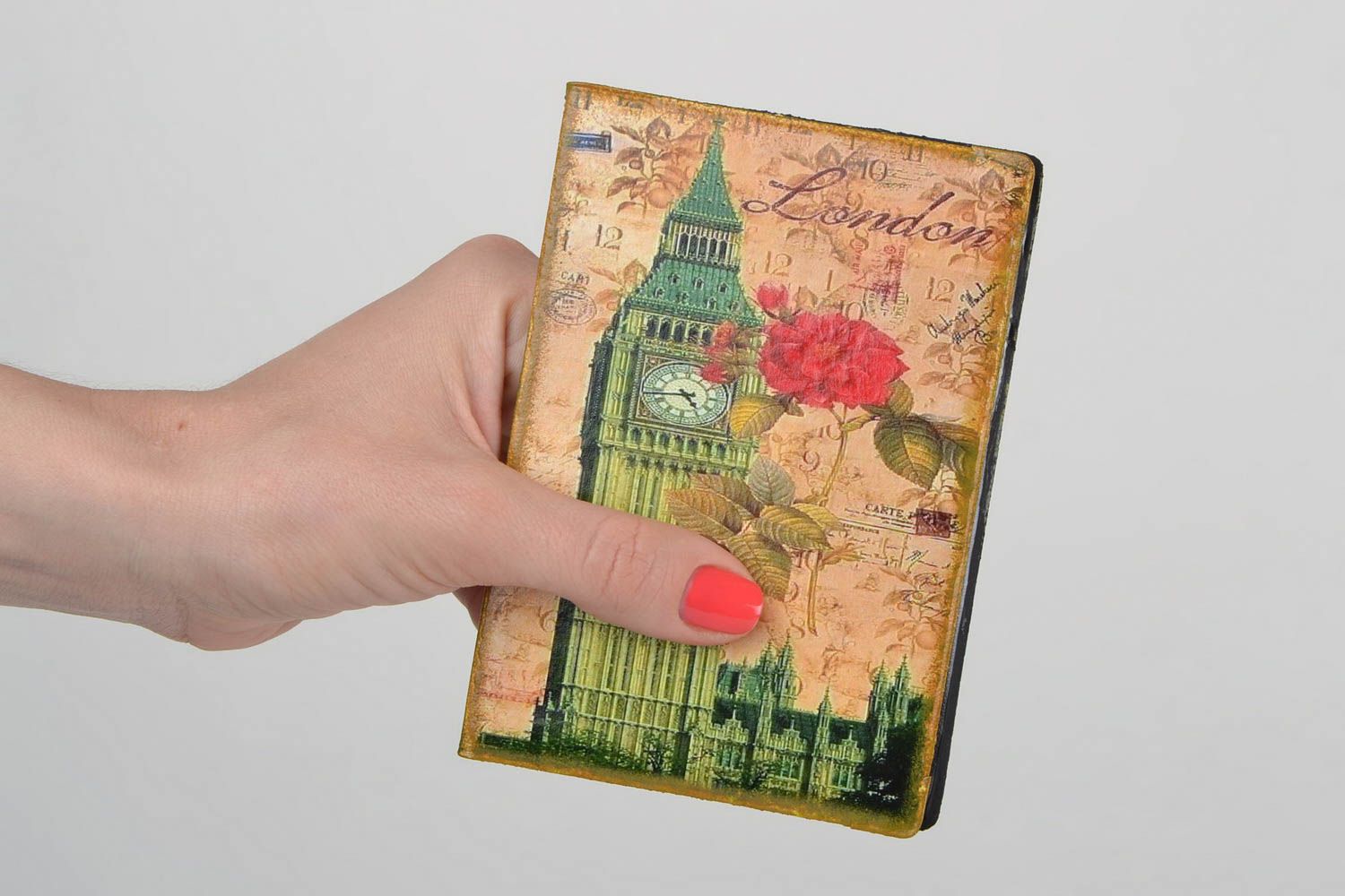 Handmade faux leather passport cover with decoupage image of Big Ben and rose photo 2