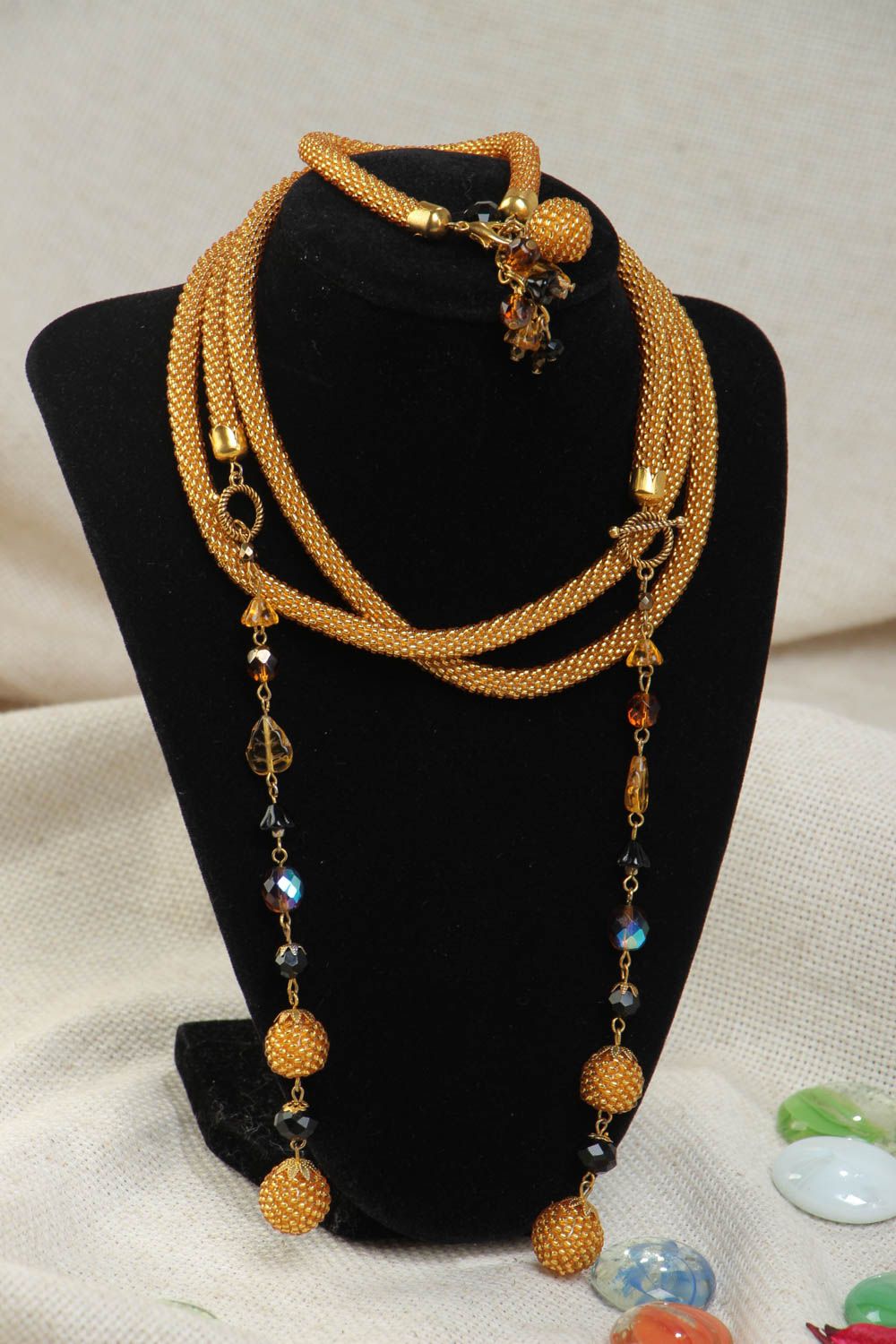 Handmade woven beaded jewelry set 2 pieces lariat necklace and bracelet photo 1