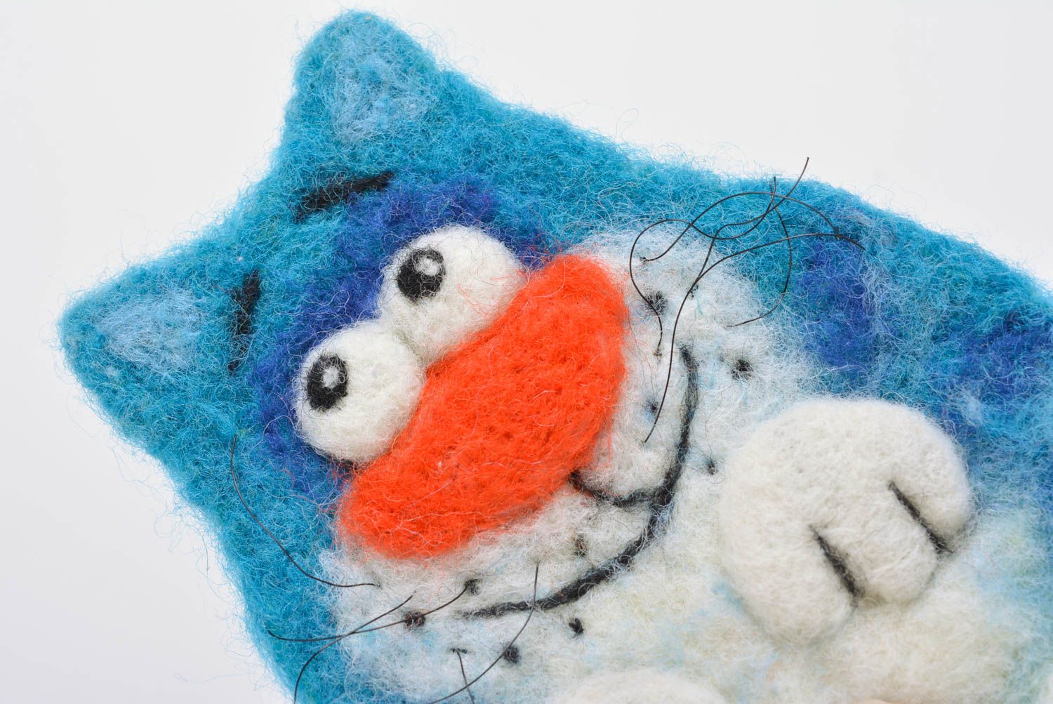 Handmade decorative soft toy fridge magnet felted of natural wool blue cat photo 2