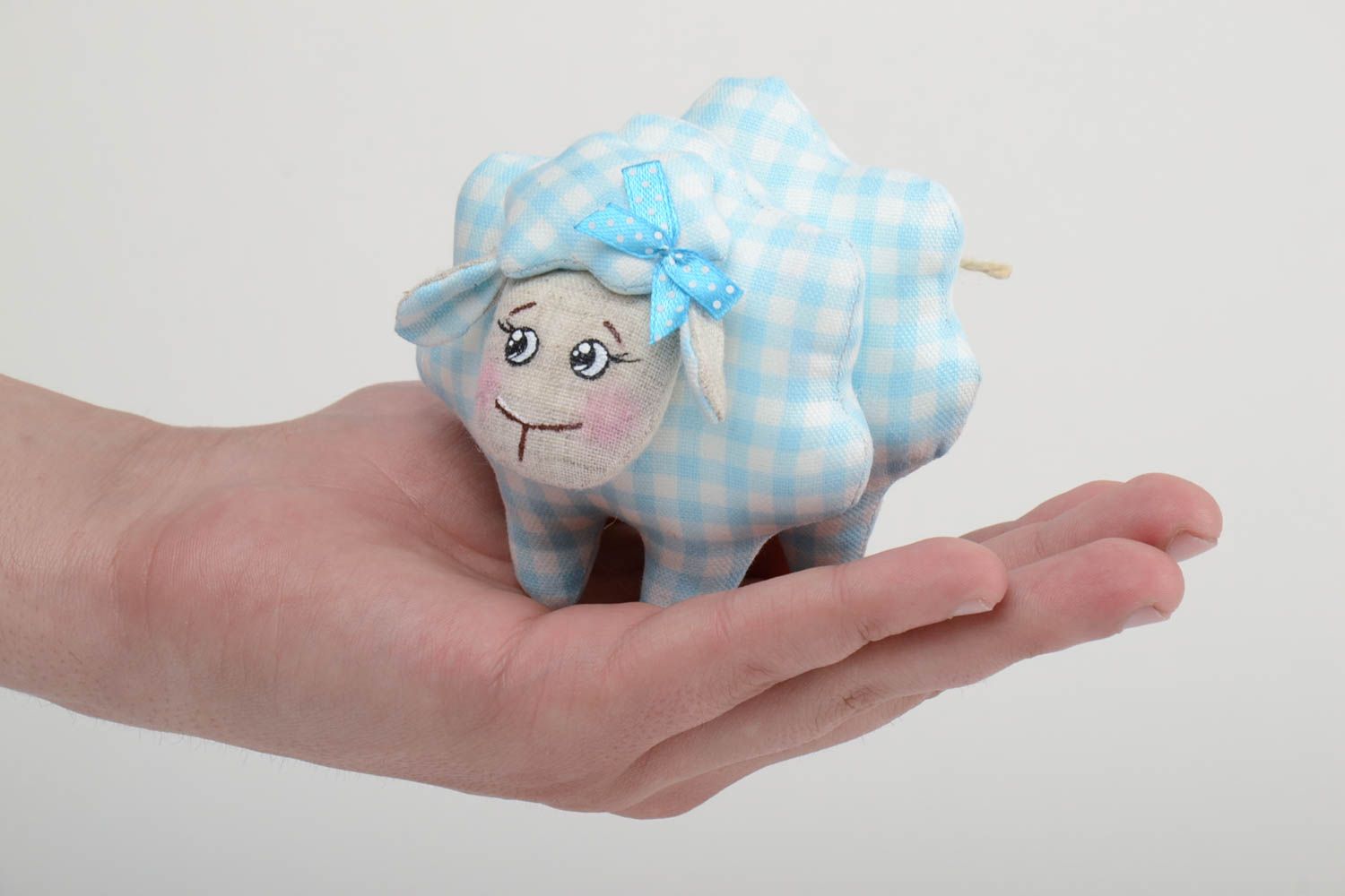 Handmade small checkered linen fabric soft toy blue lamb painted with acrylics photo 5