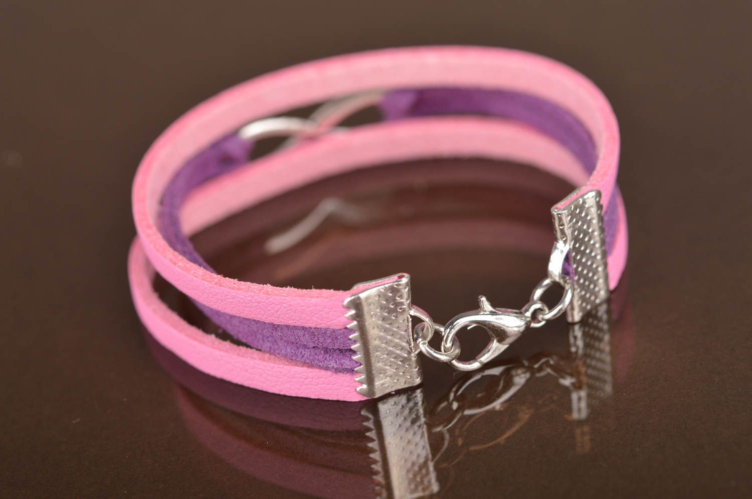 Handmade kid's pink and violet genuine leather wrist bracelet with infinity sign photo 4
