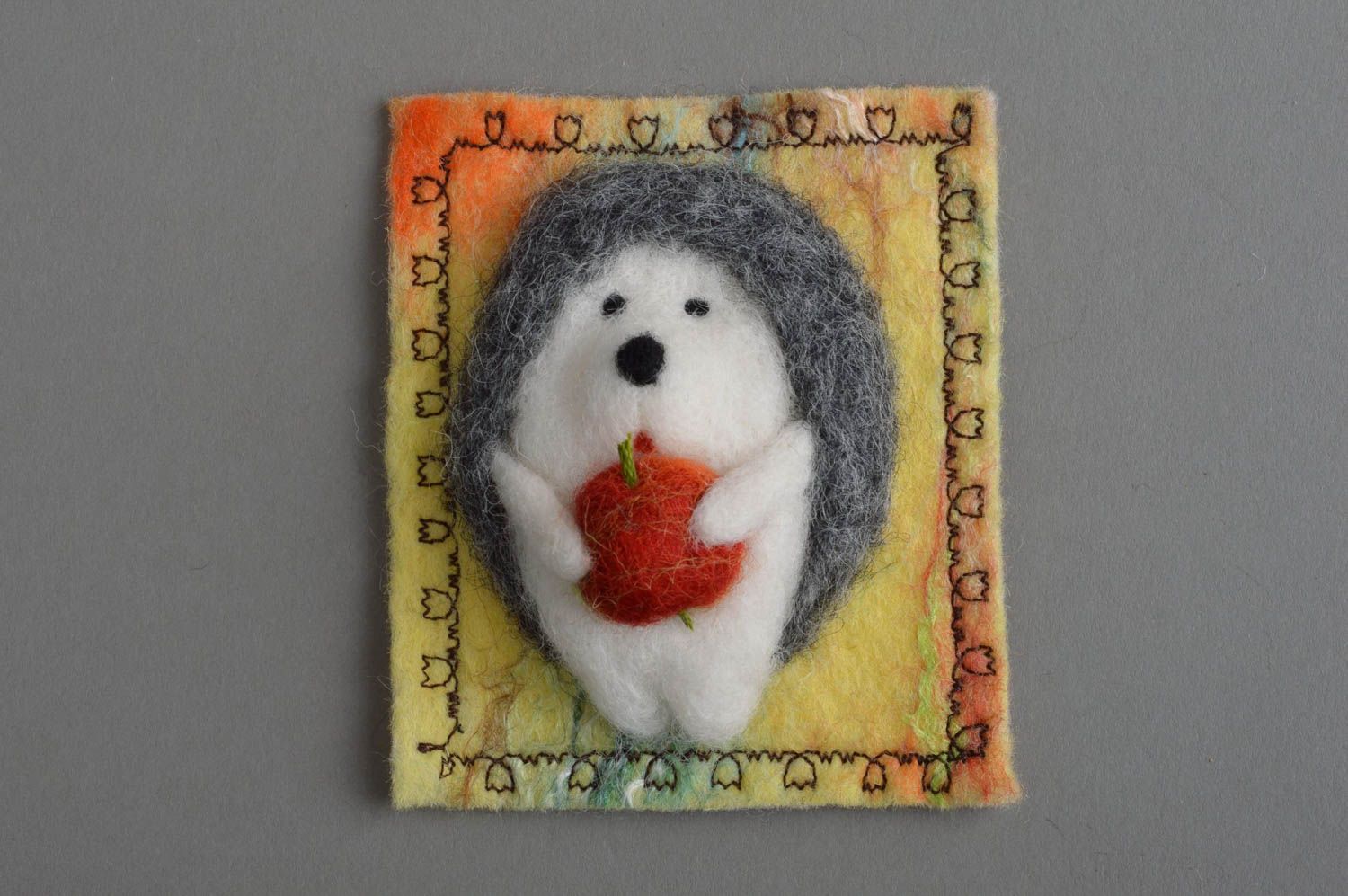 Handmade beautiful textile fridge magnet made of natural wool Hedgehog photo 3