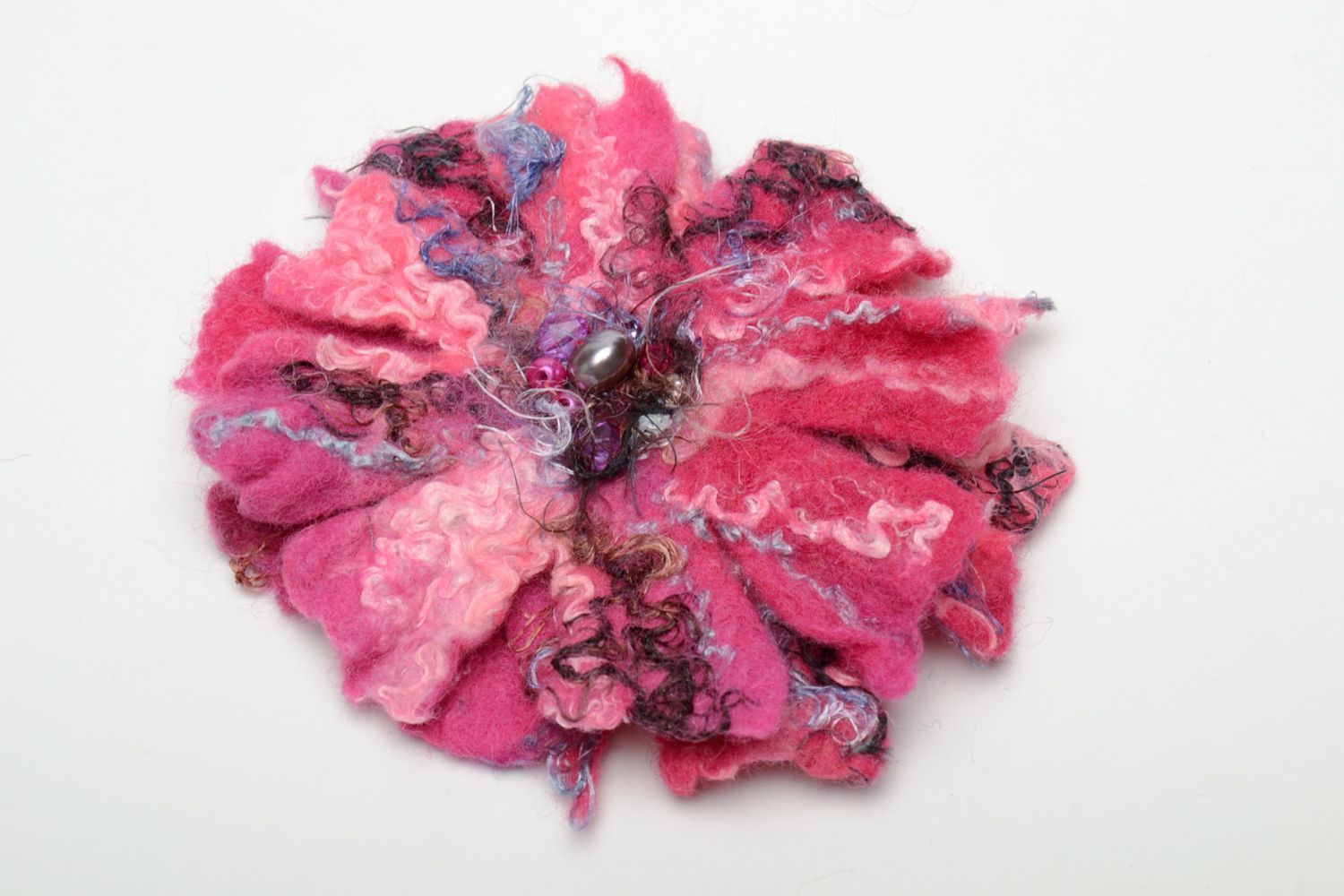 Bright woolen floral brooch made using wet felting technique photo 3