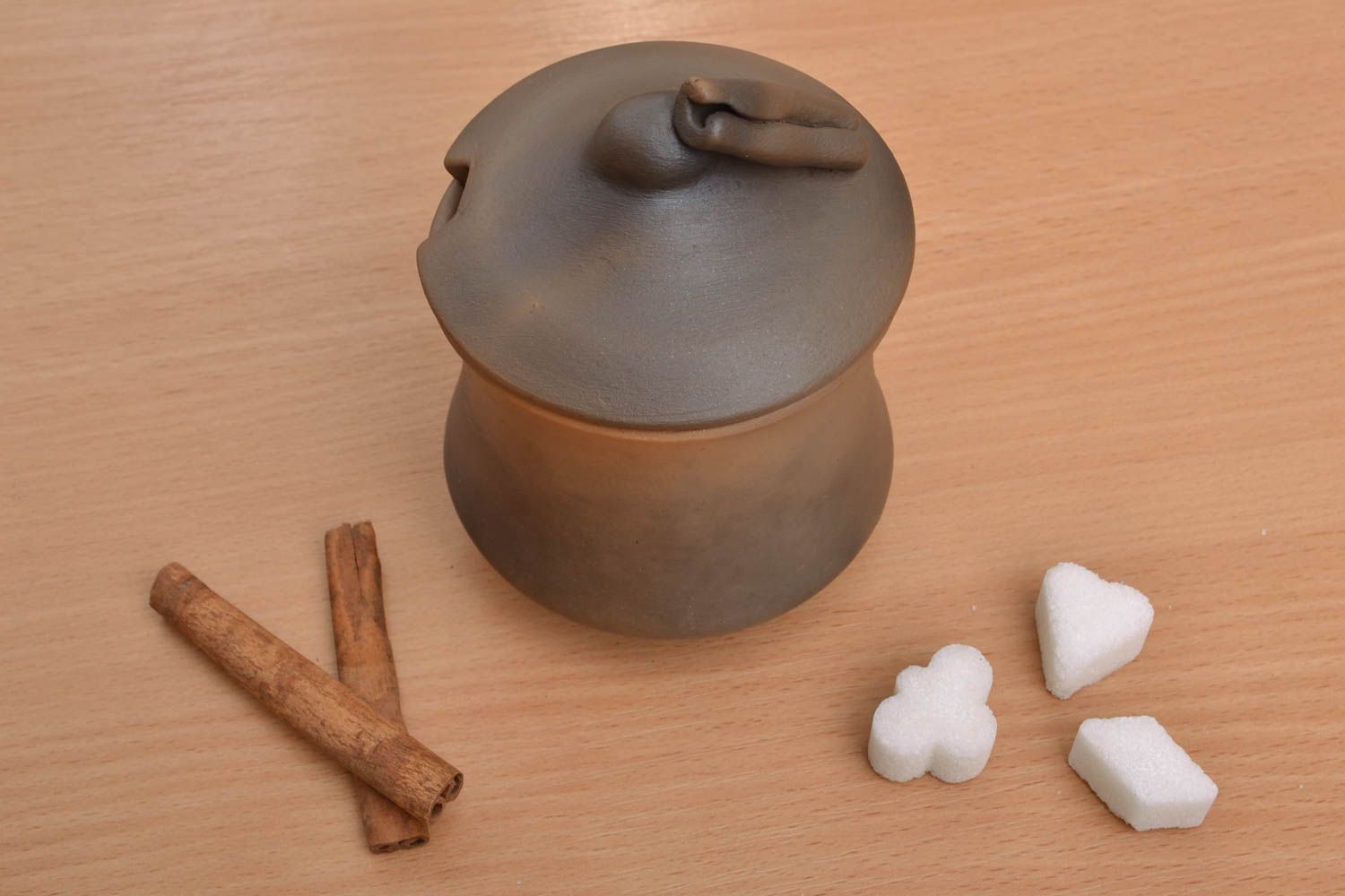 Joli pot à sucre en céramique avec couvercle fait main 20 cl marron style ethnique photo 1