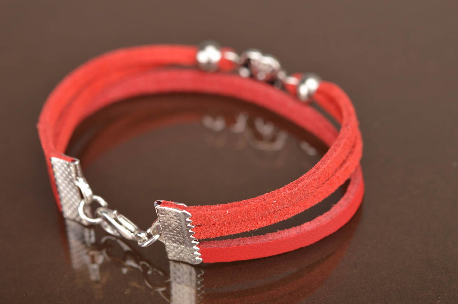 Handmade thin red genuine leather wrist bracelet with suede cord and insert photo 4