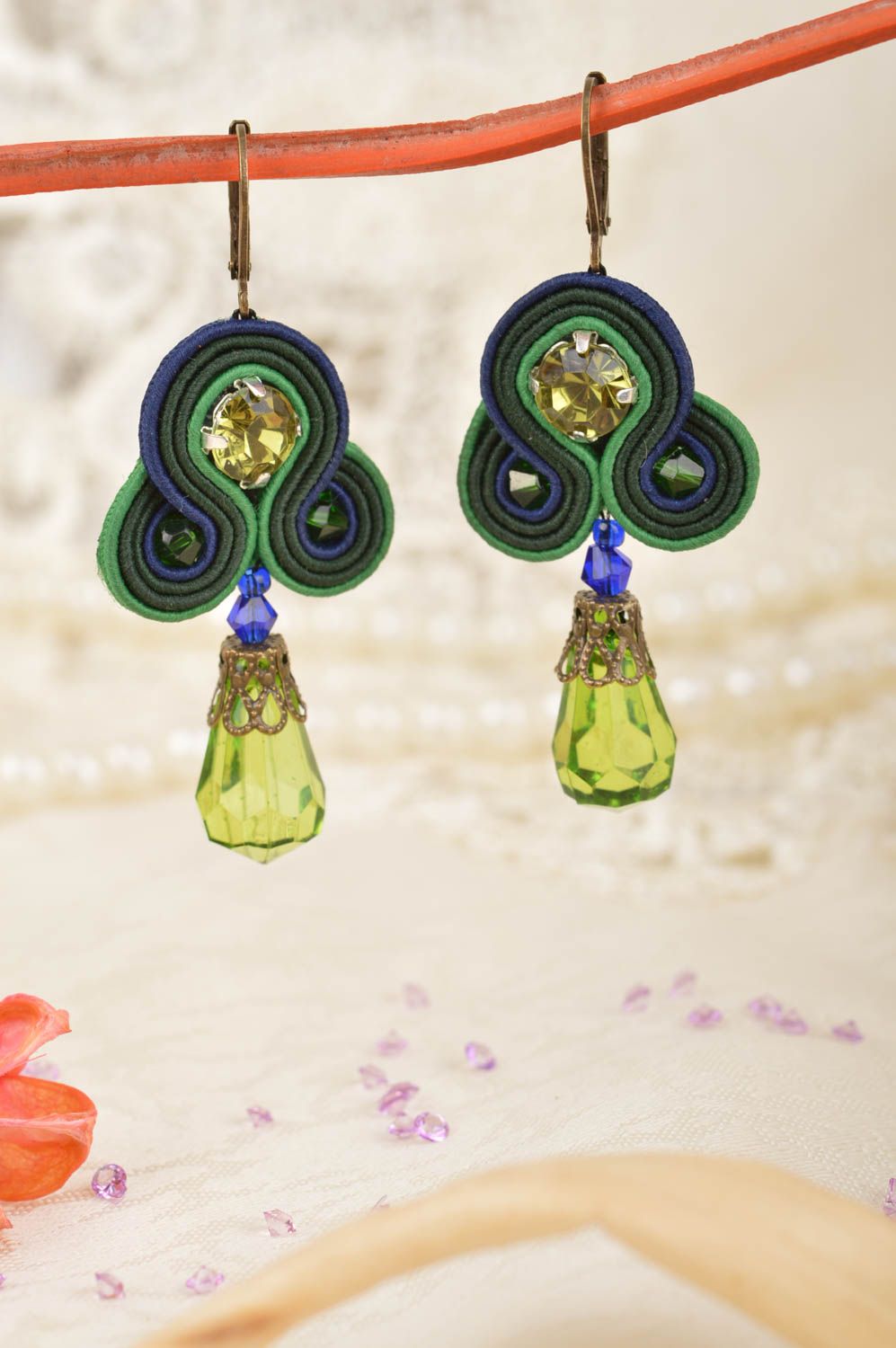 Beautiful handmade designer large soutache earrings of green color with beads photo 1