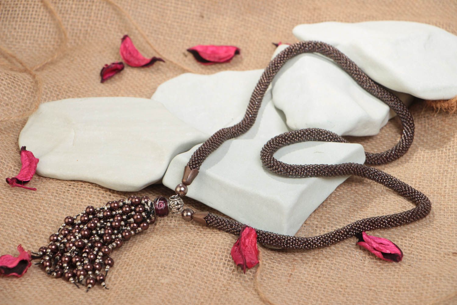 Handmade dark long bead woven cord necklace with beaded pendant photo 1