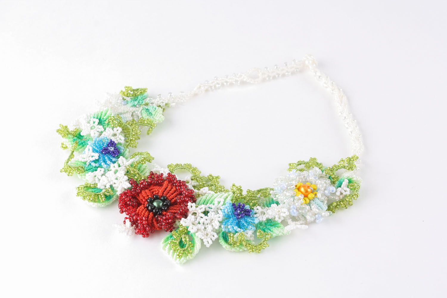Necklace made of threads and beads Flowers photo 4