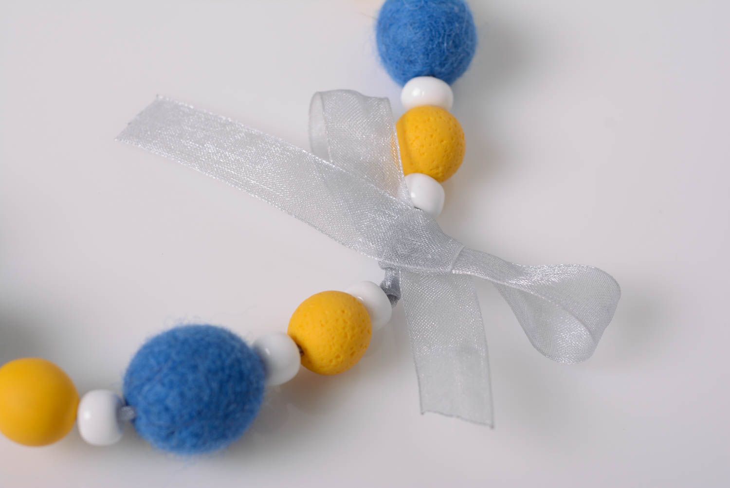 Handmade bright women's felted wool bead necklace with polymer clay elements photo 5