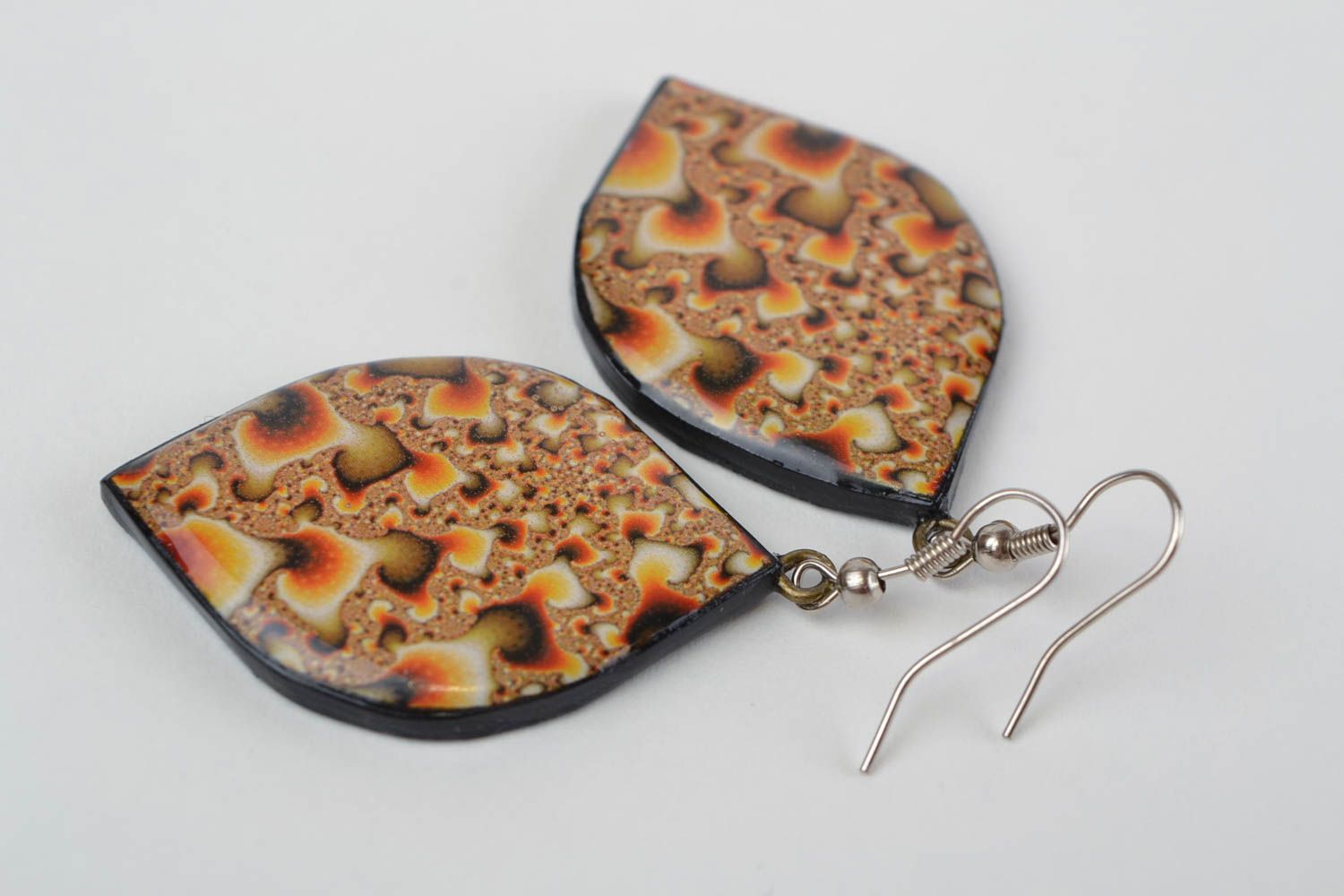Beautiful handmade designer polymer clay earrings with decoupage Brown Leaves photo 4