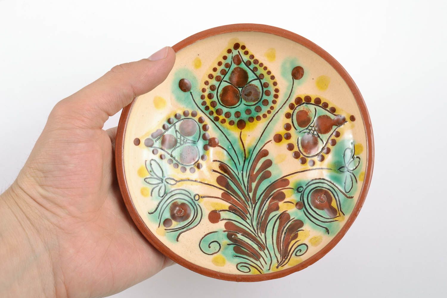 Assiette céramique peinte à motif floral ronde faite main décorative à suspendre photo 2