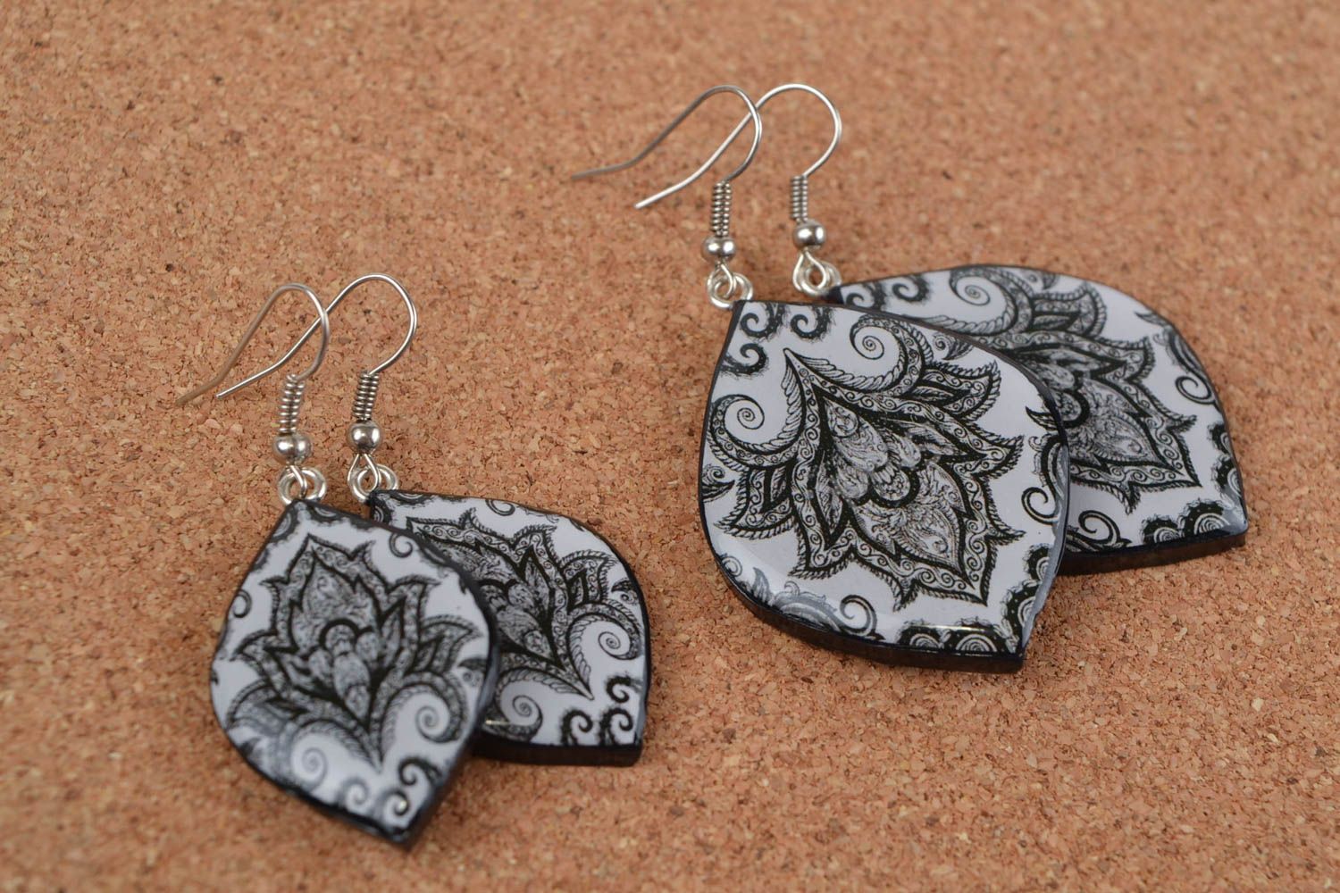 Set of polymer clay earrings with decoupage leaves 2 pieces handmade jewelry photo 1