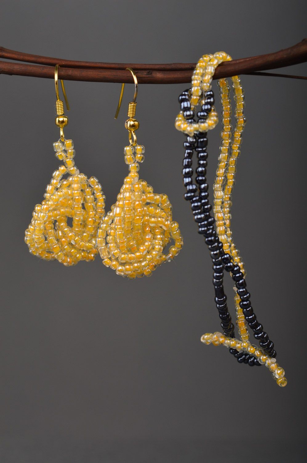 Set of handmade jewelry woven of Czech beads dangle earrings and wrist bracelet photo 5