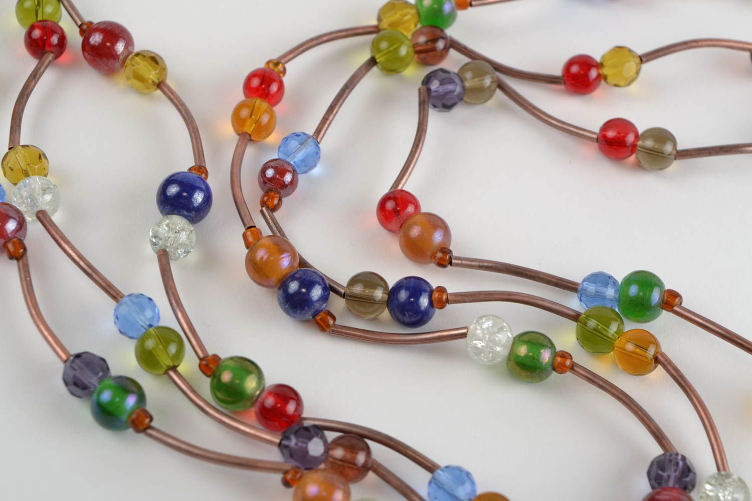 Handmade long multi row colorful designer beaded necklace with metal elements photo 4